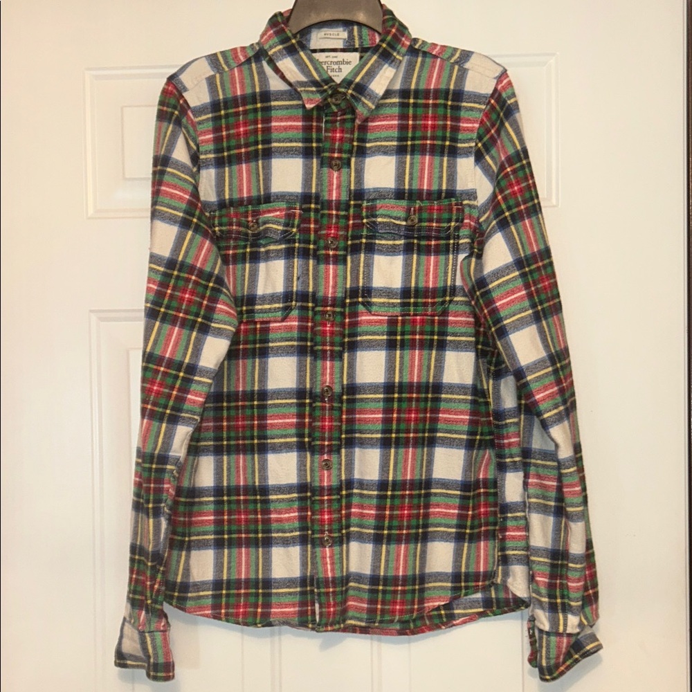 Abercrombie and Fitch Muscle Plaid Flannel Shirt L Cotton Blue Red Cabincore